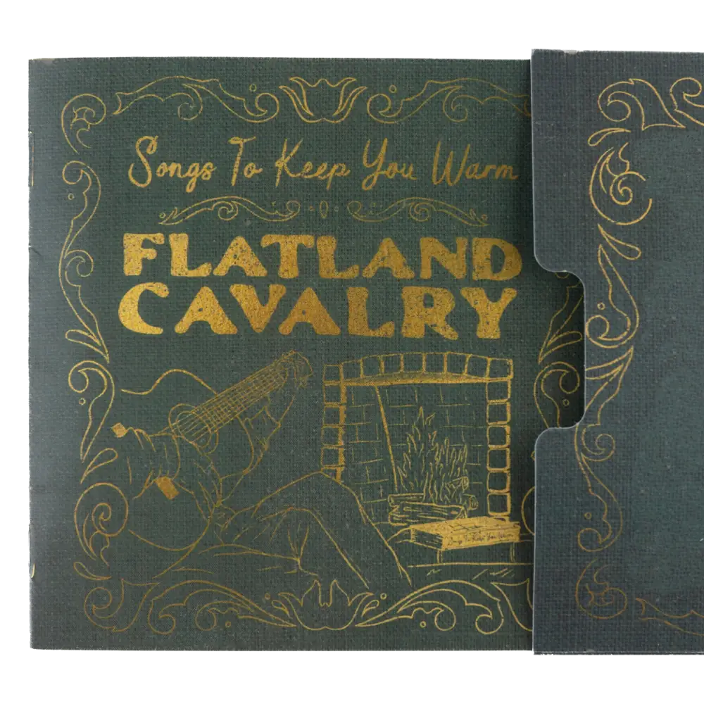 Album cover for ’Songs to Keep You Warm’ by Flatland Cavalry, featuring ornate gold lettering and illustrations on a dark green background.