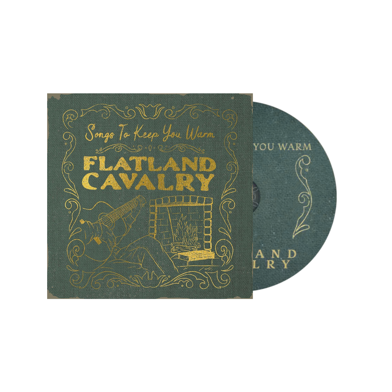Album cover for ’Songs To Keep You Warm’ by Flatland Cavalry, featuring ornate gold lettering on a dark teal background.