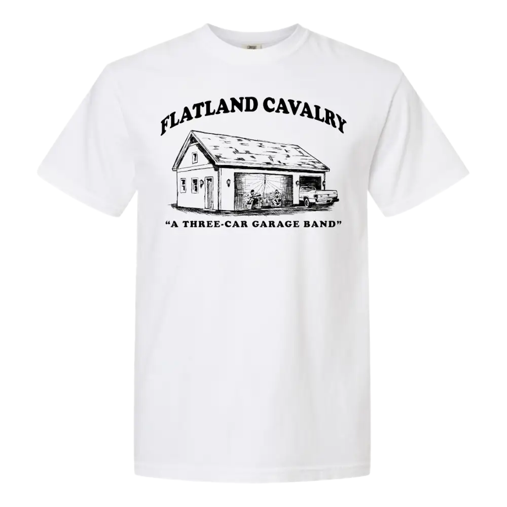 White t-shirt with garage graphic.