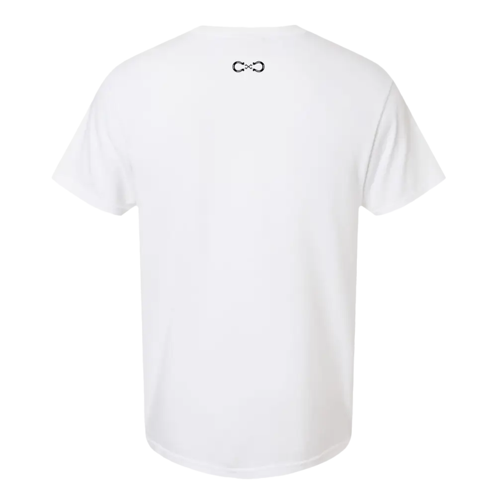 White t-shirt with infinity symbol.