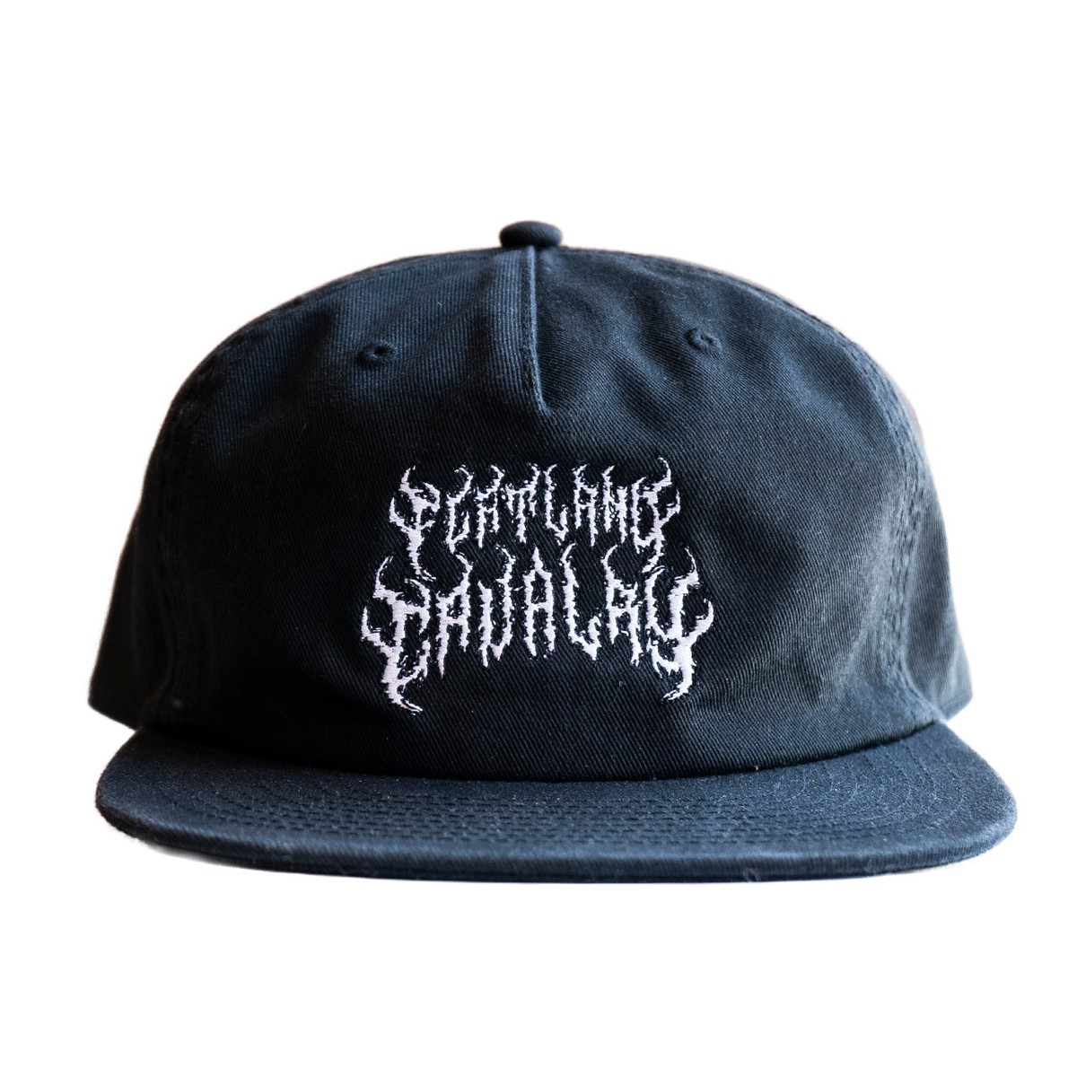 Black snapback unglued hat with white gothic portland crawl embroidery flatland cavalry merch accessory