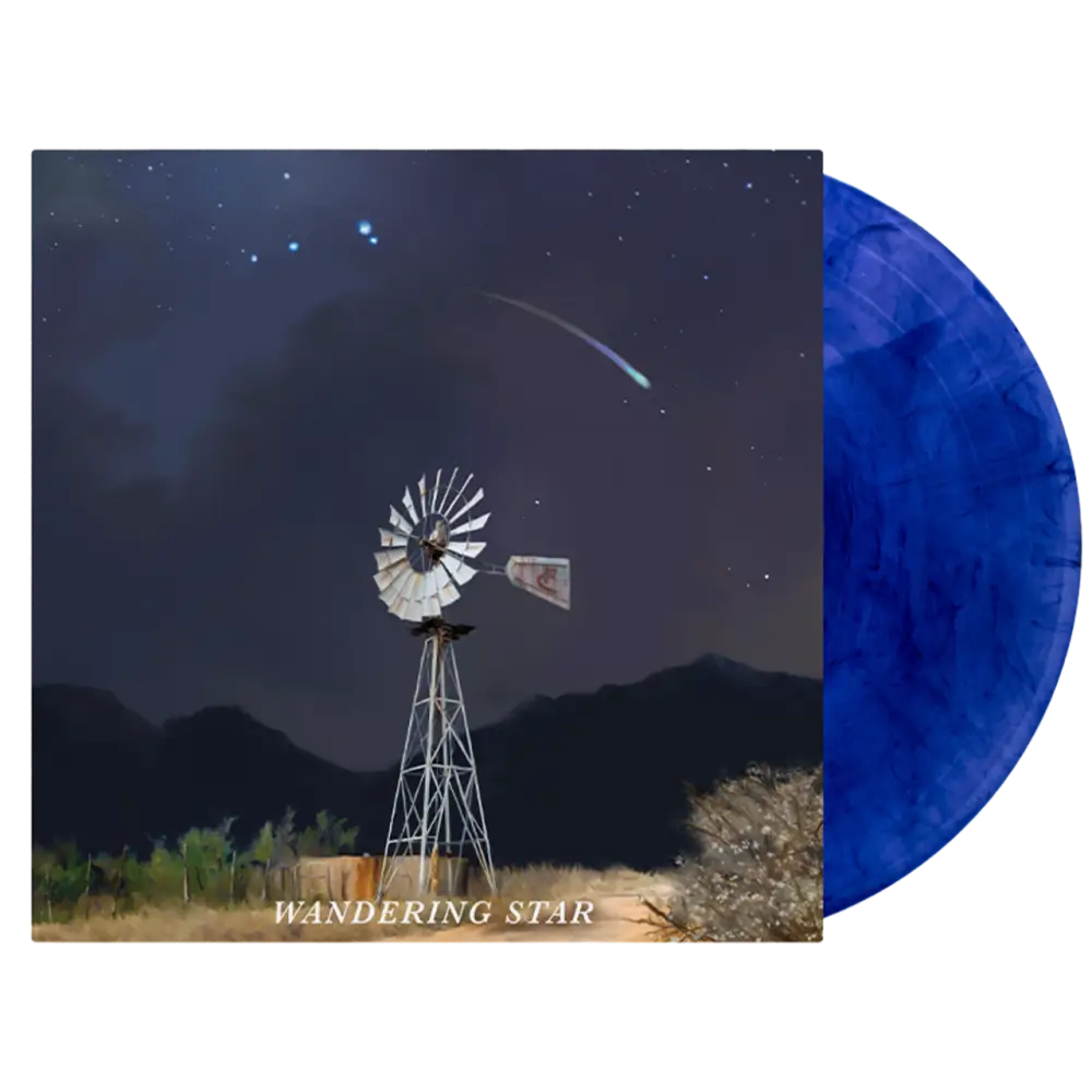 Vinyl record album with a blue marbled disc and cover art depicting a windmill under a starry night sky.