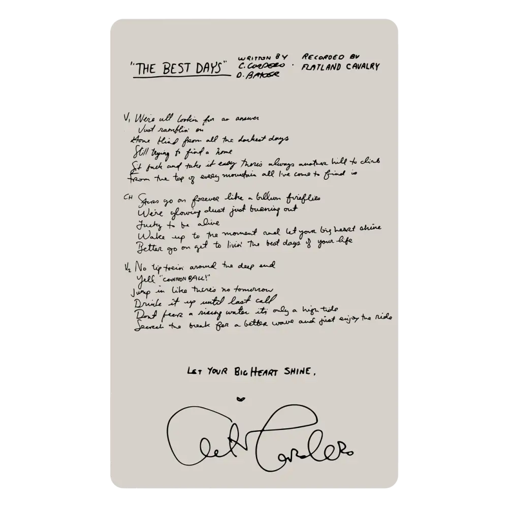 Handwritten lyrics or poem titled ’The Best Day’ with a signature at the bottom.