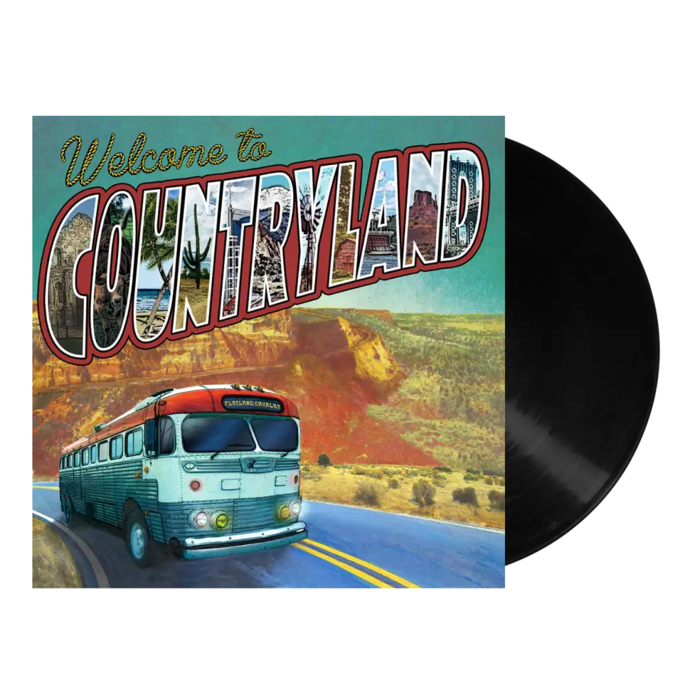 Vinyl record album cover featuring a retro-style ’Welcome to Countryland’ design with a vintage bus on a desert highway.