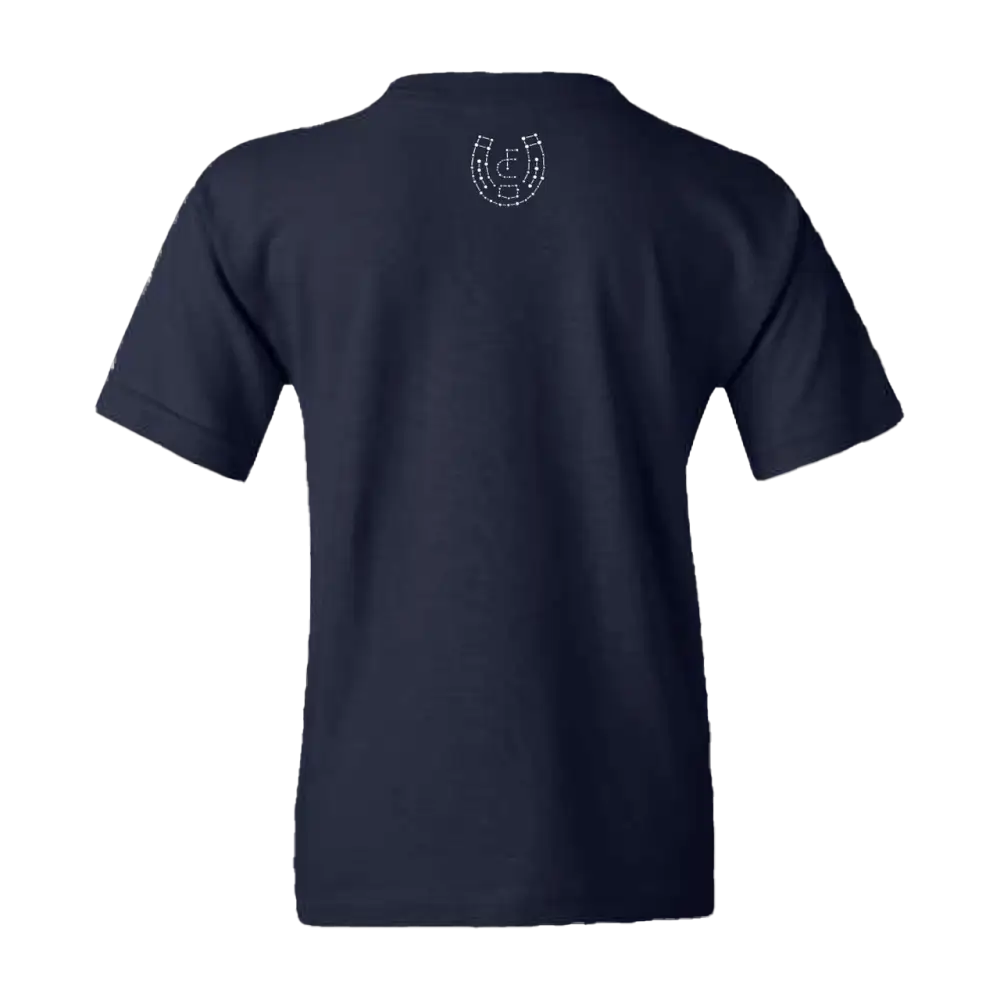 Navy blue cotton t-shirt with a white horseshoe graphic on the back