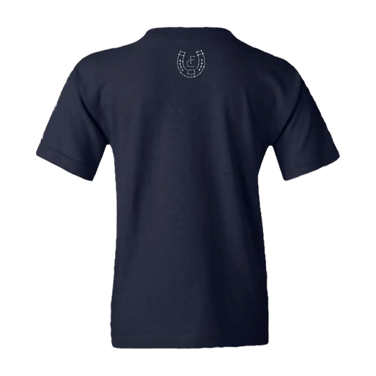 Navy blue cotton t-shirt with a white horseshoe graphic on the back